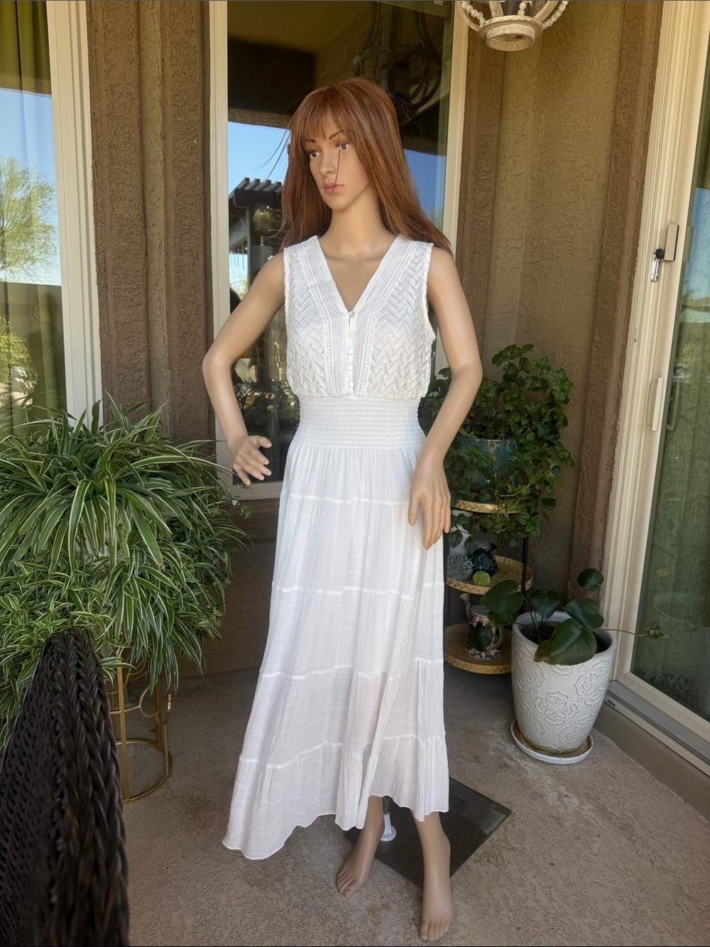 Sleeveless White V-Neck Maxi Dress with Smocked Waist